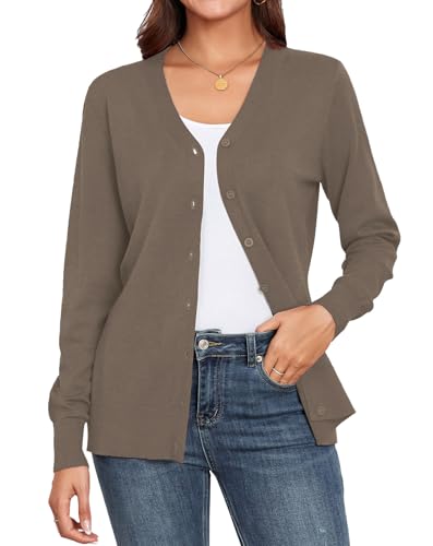 YGJIEGENG Strickjacke Damen Kurz Leichte Cardigan Langarm V-Ausschnitt Strickpullover Elegant Casual Herbst Winter Strickmantel mit Knopf Light Braun XXL von YGJIEGENG