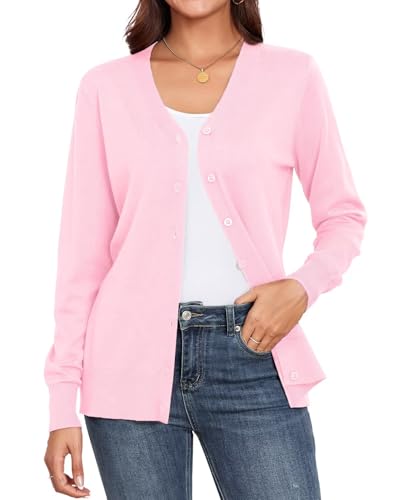YGJIEGENG Strickjacke Damen Kurz Leichte Cardigan Langarm V-Ausschnitt Strickpullover Elegant Casual Herbst Winter Strickmantel mit Knopf Rosa 2XL von YGJIEGENG