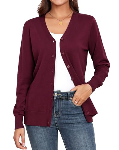 YGJIEGENG Strickjacke Damen Kurz Leichte Cardigan Langarm V-Ausschnitt Strickpullover Elegant Casual Herbst Winter Strickmantel mit Knopf Rotwein 2XL von YGJIEGENG