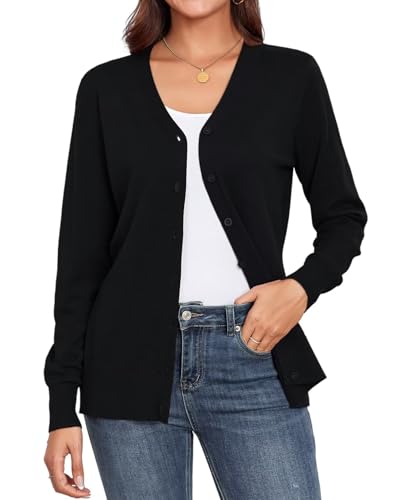YGJIEGENG Strickjacke Damen Kurz Leichte Cardigan Langarm V-Ausschnitt Strickpullover Elegant Casual Herbst Winter Strickmantel mit Knopf Schwarz XL von YGJIEGENG