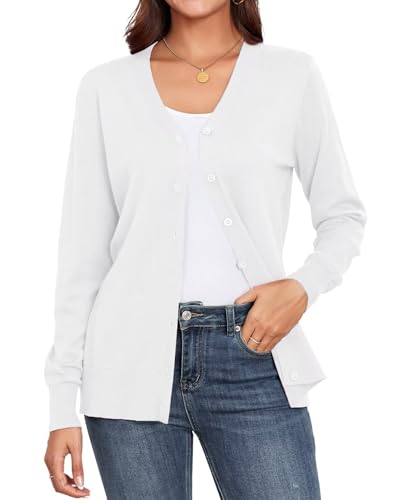 YGJIEGENG Strickjacke Damen Kurz Leichte Cardigan Langarm V-Ausschnitt Strickpullover Elegant Casual Herbst Winter Strickmantel mit Knopf Weiss M von YGJIEGENG