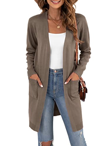 YGJIEGENG Strickjacke Damen Lang Cardigan Elegante Langarm Offene Front Sweater Herbst Winter Casual Strickcardigan mit Taschen Braun L von YGJIEGENG