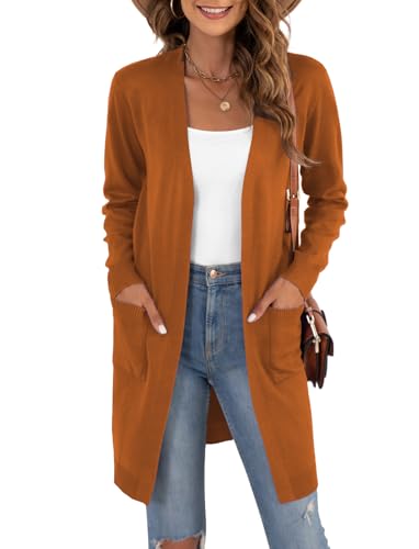YGJIEGENG Strickjacke Damen Lang Cardigan Elegante Langarm Offene Front Sweater Herbst Winter Casual Strickcardigan mit Taschen Karamell S von YGJIEGENG