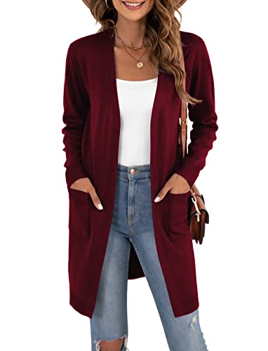 YGJIEGENG Strickjacke Damen Lang Cardigan Elegante Langarm Offene Front Sweater Herbst Winter Casual Strickcardigan mit Taschen Rotwein 2XL von YGJIEGENG