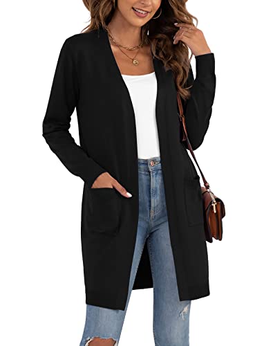 YGJIEGENG Strickjacke Damen Lang Cardigan Elegante Langarm Offene Front Sweater Herbst Winter Casual Strickcardigan mit Taschen Schwarz XL von YGJIEGENG