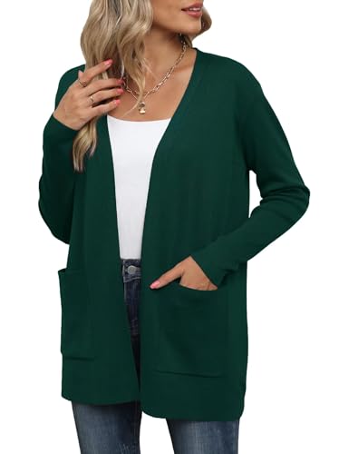 YGJIEGENG Strickjacke für Damen Elegante locker lässig leichtes Frauen Herbst Langarm Casual Pullover mit Taschen DunkleGrün L von YGJIEGENG