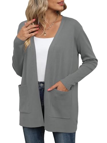 YGJIEGENG Strickjacke für Damen Elegante locker lässig leichtes Frauen Herbst Langarm Casual Pullover mit Taschen Dunklegrau L von YGJIEGENG
