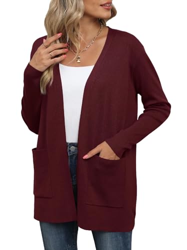 YGJIEGENG Strickjacke für Damen Elegante locker lässig leichtes Frauen Herbst Langarm Casual Pullover mit Taschen Rotwein M von YGJIEGENG