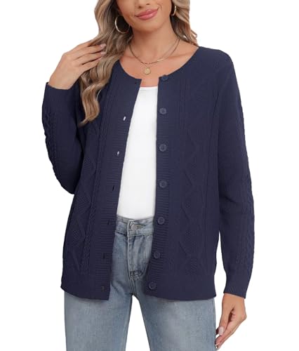 YGJIEGENG Strickjacke Damen Rundhals Knopfleiste Cardigan Strick Kurz Einfarbig Langarm Gestrickte Jacke Herbst Winter Pullover Marineblau S von YGJIEGENG