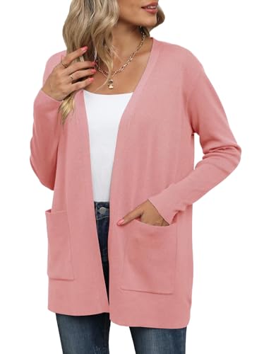 YGJIEGENG Strickjacke für Damen Elegante locker lässig leichtes Frauen Herbst Langarm Casual Pullover mit Taschen Rosa M von YGJIEGENG