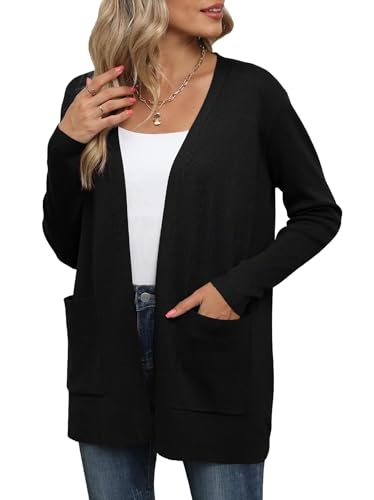 YGJIEGENG Strickjacke für Damen Elegante locker lässig leichtes Frauen Herbst Langarm Casual Pullover mit Taschen Schwarz M von YGJIEGENG