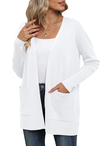 YGJIEGENG Strickjacke für Damen Elegante locker lässig leichtes Frauen Herbst Langarm Casual Pullover mit Taschen Weiss 2XL von YGJIEGENG