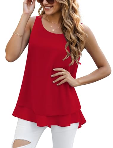 YGJIEGENG Tank Top Damen Chiffon Top Sommer Ärmellose T Shirts Elegant Oberteile Lässig Rundhals Flowy Navy Rot L von YGJIEGENG