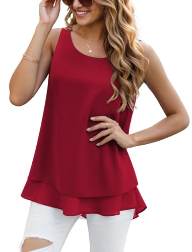 YGJIEGENG Tank Top Damen Chiffon Top Sommer Ärmellose T Shirts Elegant Oberteile Lässig Rundhals Flowy Rotwein M von YGJIEGENG