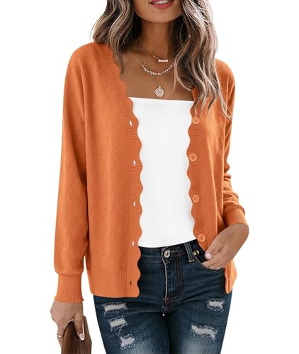 YGJIEGENGDamen Strickjacke Herbst Winter Cardigan Langarm Kurz Langarm Strickpullover Elegante V-Ausschnitt Vintage Klassisch Sweater Pullover Orange L von YGJIEGENG