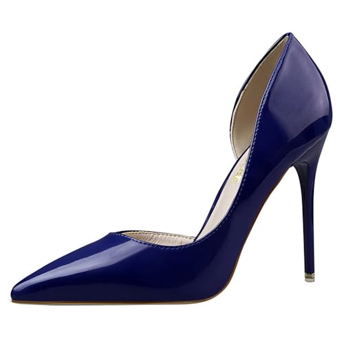Damen 10.5CM Lackleder Seite hohlen Stiletto Pumps Spitzenzee High Heel Party Hochzeit Mode Schuhe (Blau,39) von YGJKLIS