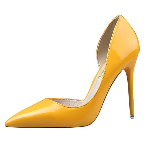Damen 10.5CM Lackleder Seite hohlen Stiletto Pumps Spitzenzee High Heel Party Hochzeit Mode Schuhe (Gelb,36) von YGJKLIS
