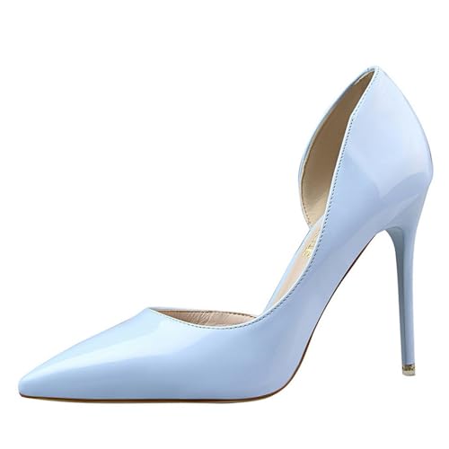 Damen 10.5CM Lackleder Seite hohlen Stiletto Pumps Spitzenzee High Heel Party Hochzeit Mode Schuhe (Hellblau,36) von YGJKLIS