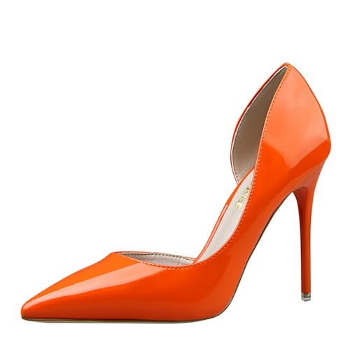 Damen 10.5CM Lackleder Seite hohlen Stiletto Pumps Spitzenzee High Heel Party Hochzeit Mode Schuhe (Orange,38) von YGJKLIS