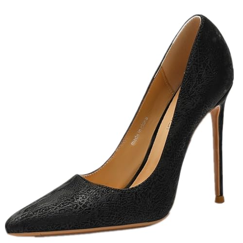 Damen 12cm gedrucktes Leder Stiletto Pumps geschlossen Spitze Zehe Party Club Hochzeit Prom High Heels (schwarz,40) von YGJKLIS