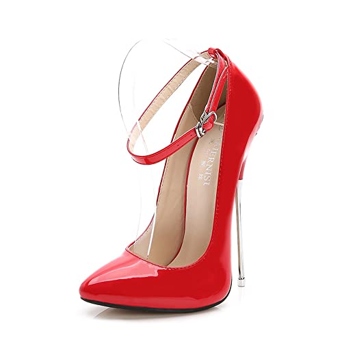 Damen 16cm Sexy Stiletto Pumps Ankle Strap High Heels Spitzen Hochzeit Party Kleid Schuhe (Rot,43EU) von YGJKLIS