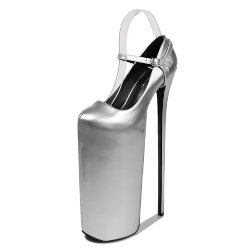 Damen 30cm Knöchelgurt Einfarbes Leder Stiletto Pumps Spitzenzee 20cm Plattform Party Club High Heel (41,Silber) von YGJKLIS