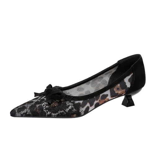 Damen 3CM Spitze Zehen Hohle Spitze Maschen Low Wineglas Absatz Druckgeschlossene Zehen Classic Slip On Pumps (schwarz,37) von YGJKLIS