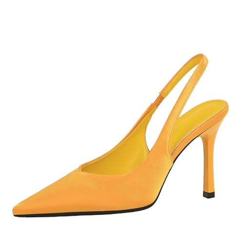 Damen 9.5CM Satin zurück Knöchelgurt Stiletto Pumps Spitzenzee High Heel Party Club Hochzeit Prom Schuhe (Gelb,40) von YGJKLIS