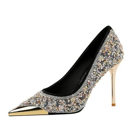 Damen 9CM Funkelnde Hochzeitsparty Stiletto Pumps Metall Spitze High Heel Elegante formelle Arbeit Büro Schuhe (schwarz,38) von YGJKLIS
