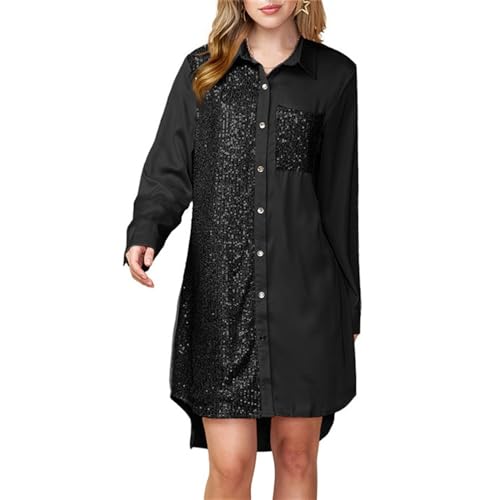 Damen Casual Paillette Button Shirt Kleid Satin Strand Abend Party Midi Kleider mit High Low Saum (Schwarz,XL) von YGJKLIS