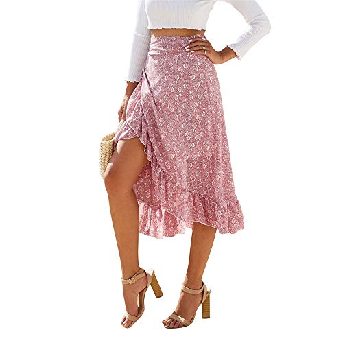 Damen Chiffon Floral Midi Rock Hohe Taille Seitliche Wickel Bohemian Asymmetrisch Langer Rock Sommer Strand Wickelrock, Rose, X-Groß von YGJKLIS