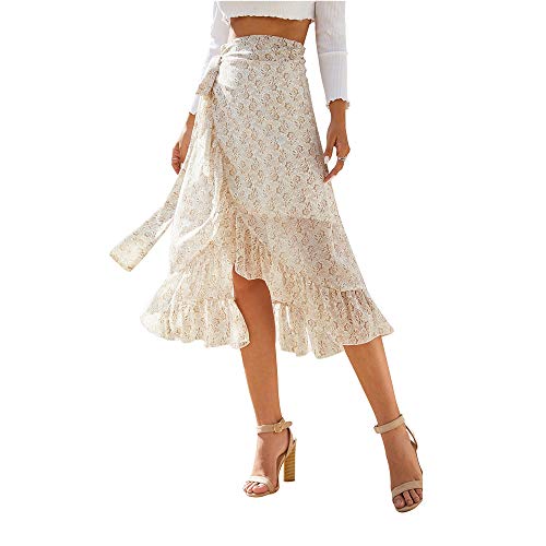Damen Chiffon Floral Midi Rock Hohe Taille Seitliche Wickel Bohemian Asymmetrisch Langer Rock Sommer Strand Wickelrock, gelb, Groß von YGJKLIS