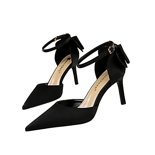 Damen Knöchelriemchen Sandale 8cm Sexy Stiletto Pumps Schleife schmücken Mode Büro Schuhe Hochzeit Party High Heels (Schwarz,39EU) von YGJKLIS