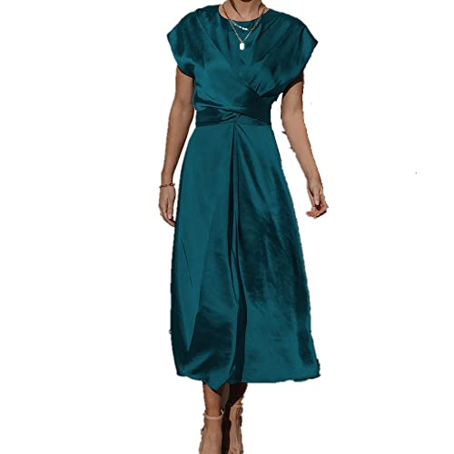 Damen Satin Hinterer Träger Kleid Rundhals Vintage Elegant A-Linie Plissee Kleid Strand Abend Party Kleider (Blau,XL) von YGJKLIS