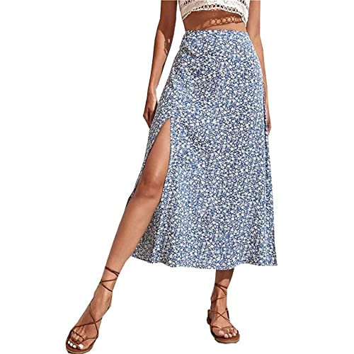 Damen Sommer Casual Floral Hoch taillierter Wrap Split Midirock Strand A-Linie Maxirock (Blau,S) von YGJKLIS