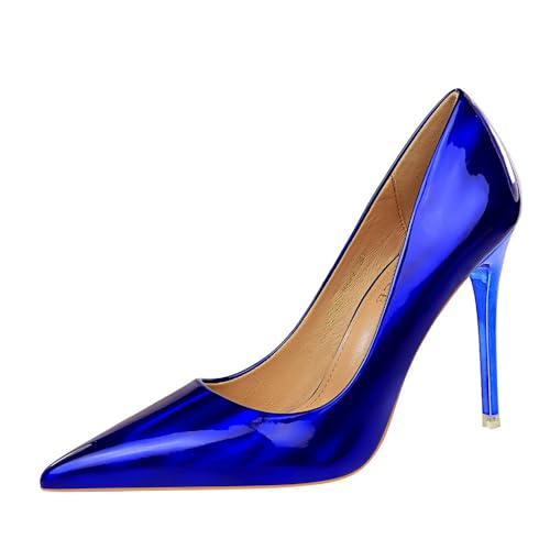 Frauen 10.5CM Lackleder Stiletto Pumps Spitze geschlossene Zehe High Heel Glitter Funkelnde Prom Hochzeit Braut Schuhe (Blau,38) von YGJKLIS