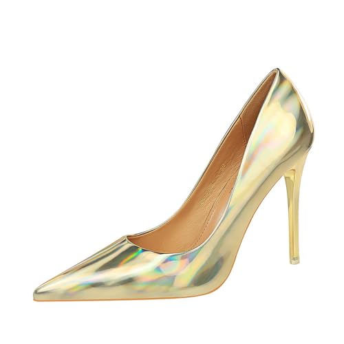 Frauen 10.5CM Lackleder Stiletto Pumps Spitze geschlossene Zehe High Heel Glitter Funkelnde Prom Hochzeit Braut Schuhe (Goldene,35) von YGJKLIS