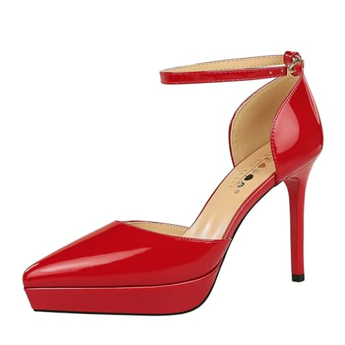 Frauen 10.5CM Plattform geschlossene Zehe Stilettos Pumpen Solides Patentleder Knöchelgurt Party Hochzeit High Heels Schuhe (rot,34) von YGJKLIS