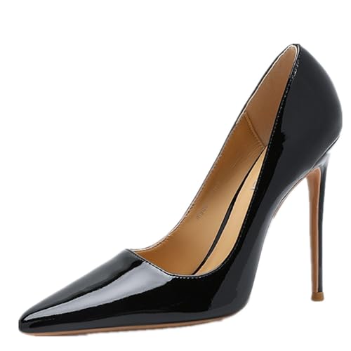 Frauen 12cm geschlossene Spitzenpumpen Stiletto einfarbige Elegante formelle Arbeit Büro hohe Absätze Schuhe (schwarz,45) von YGJKLIS
