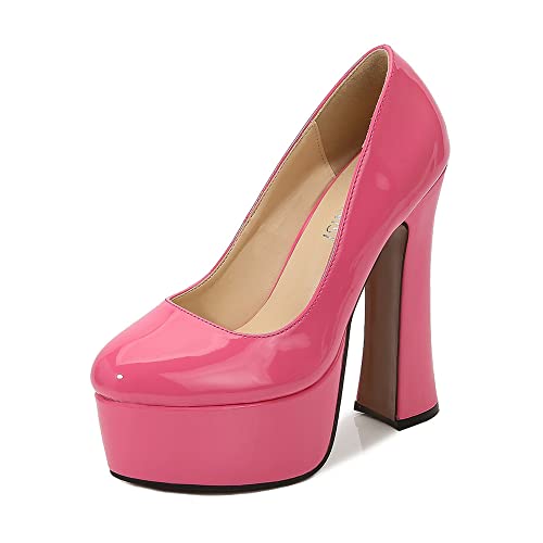 Frauen 14cm Plattform Chunky High Heel Geschlossene Zehe Klassische Slip On Kleid Pumps Hochzeit Party Kleid Schuhe (Pink,46EU) von YGJKLIS