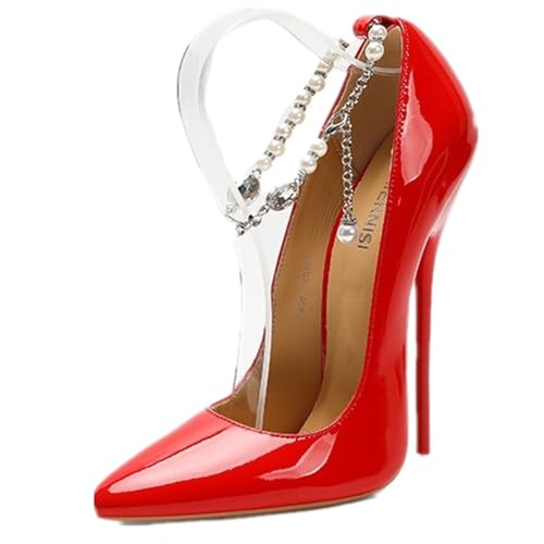 Frauen 16cm Knöchelgurt Perlen Kette geschlossen Spitze High Heel solide Stiletto Pumpen für Prom Dressing Party (Rot,35) von YGJKLIS