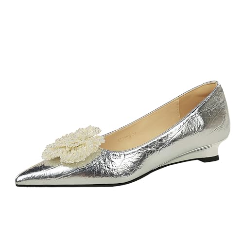 Frauen 3CM geschlossene Spitze Zehe Keil High Heel Blume Dekoration Elegante formelle Arbeit Büro Kleid Schuhe (Silber,40) von YGJKLIS