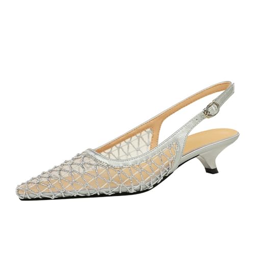 Frauen 3cm Spitze geschlossene Zehe Hohle Mesh hohe Absätze zurück Knöchelgurt Mode Braut Party Hochzeit Pumpe Schuhe (Silber,38) von YGJKLIS