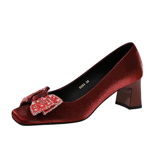Frauen 5CM Mid Heels Square Toe Chunky Block Absatz High Heel Satin Bogen Abend Party Hochzeitsschuhe (rot,40) von YGJKLIS