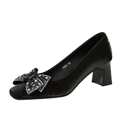 Frauen 5CM Mid Heels Square Toe Chunky Block Absatz High Heel Satin Bogen Abend Party Hochzeitsschuhe (schwarz,40) von YGJKLIS