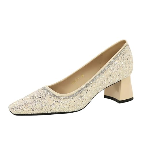 Frauen 5CM Quadrat Schließen Zehe Chunky Block High Heel Solid Glitter Funkelnde Mode Braut Party Hochzeit Pumpe Schuhe (Apriksfarbe,38) von YGJKLIS