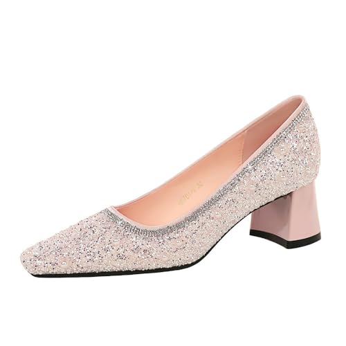 Frauen 5CM Quadrat Schließen Zehe Chunky Block High Heel Solid Glitter Funkelnde Mode Braut Party Hochzeit Pumpe Schuhe (Rosa,37) von YGJKLIS