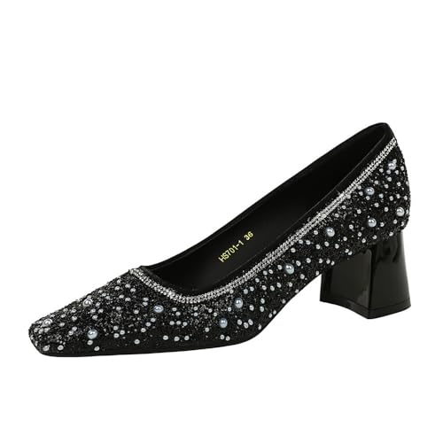 Frauen 5CM Quadrat Schließen Zehe Chunky Block High Heel Solid Glitter Funkelnde Mode Braut Party Hochzeit Pumpe Schuhe (schwarz,34) von YGJKLIS