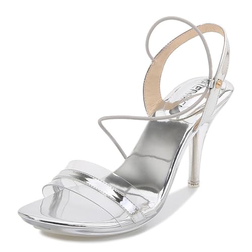 Frauen 8cm offene runde Zehe Knöchelgurt Stiletto Pumps transparente Bridal Party High Heel für Casual (36,Silber) von YGJKLIS