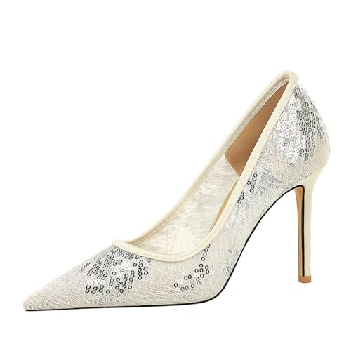 Frauen 9.5CM Glitter Spitze hohlen Stiletto Pumpen geschlossen Spitze Zehe Party Club Hochzeit High Heel (Silber,36) von YGJKLIS